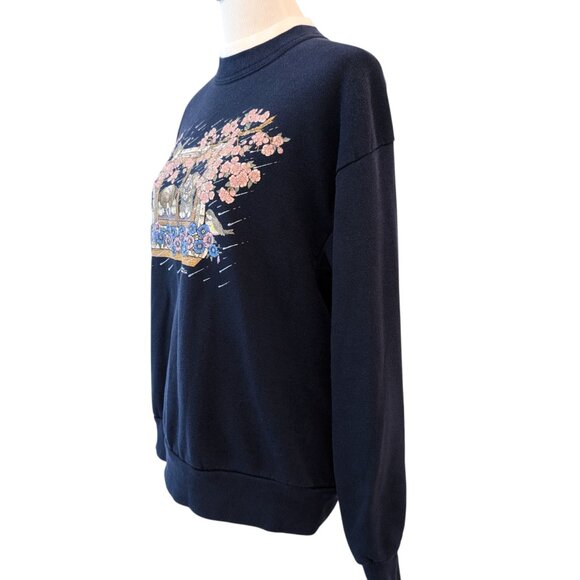 Vintage Morning Sun Unisex Size L Kitty Dog Cherry Blossoms Mock Sweatshirt Top - Picture 2 of 11